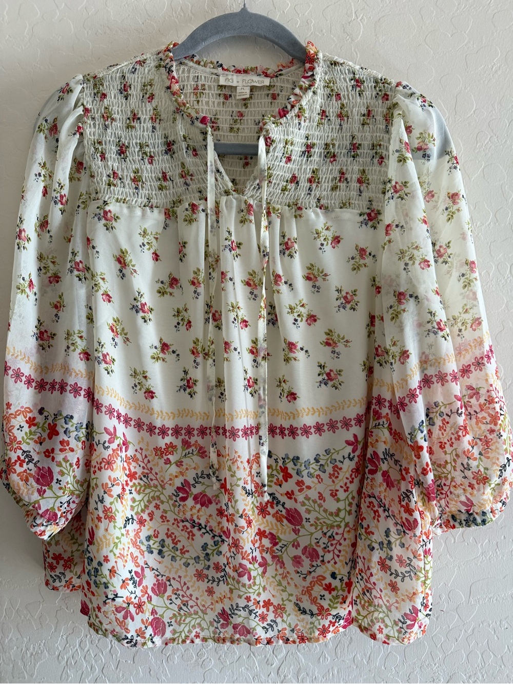 Fig & Flower, PL, cream floral-print peasant blouse